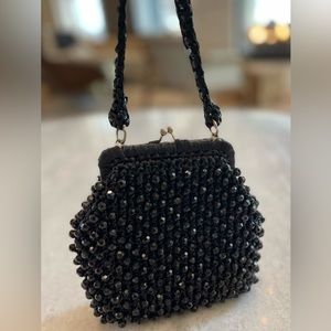Retro Vintage Small Delia Black Beaded Frame Satchel Purse Hand Made In Italy